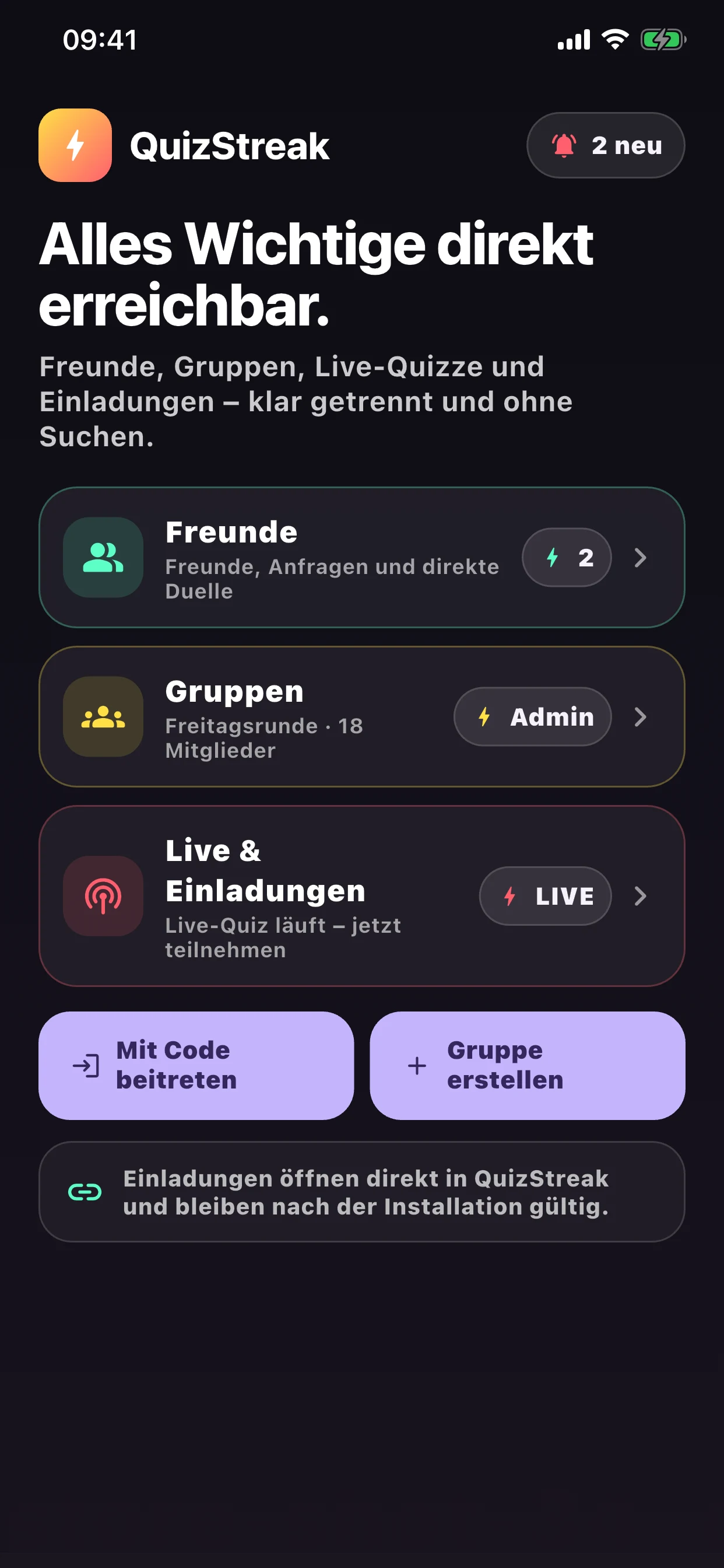 QuizStreak Community mit Freunden, Gruppen und Live-Einladungen