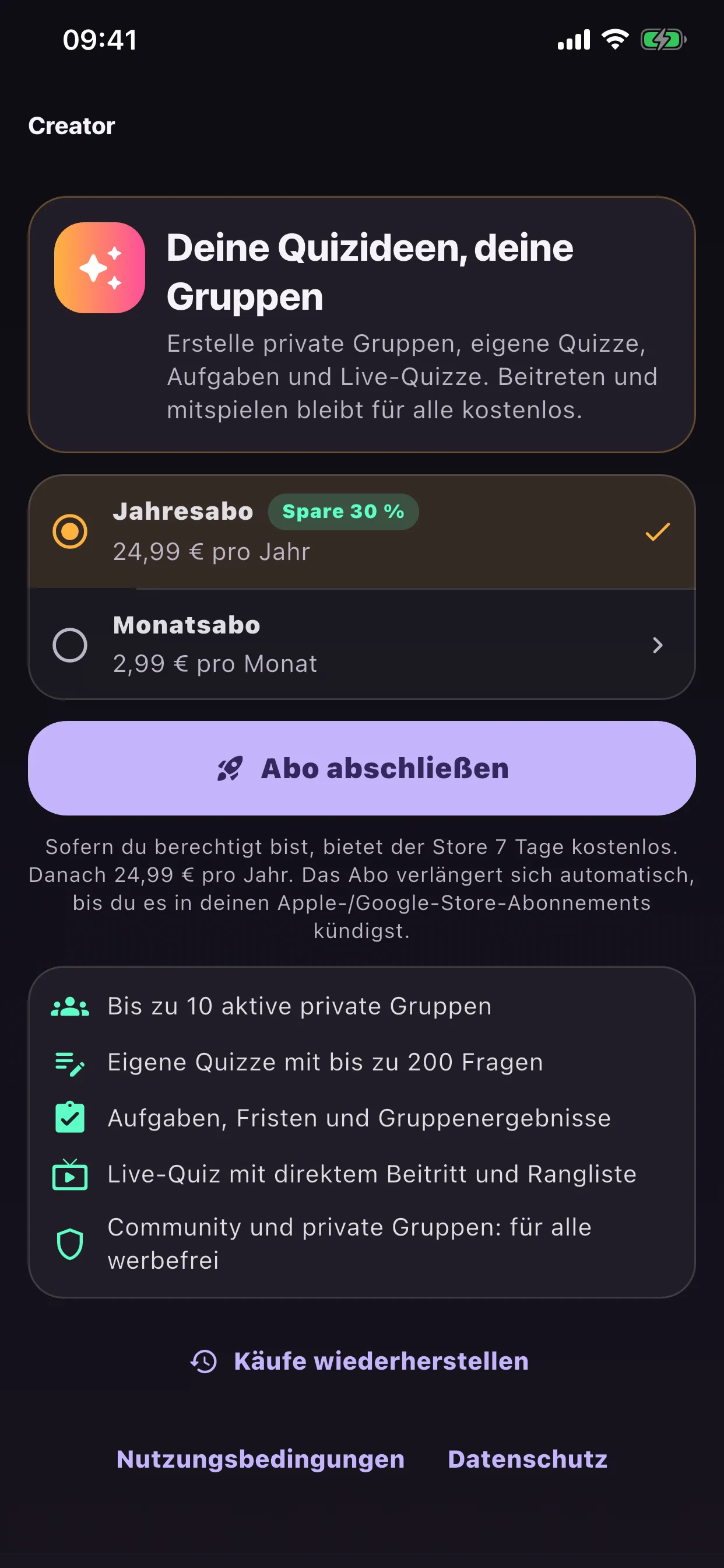 QuizStreak Creator-Abo mit Gruppen- und Quizfunktionen