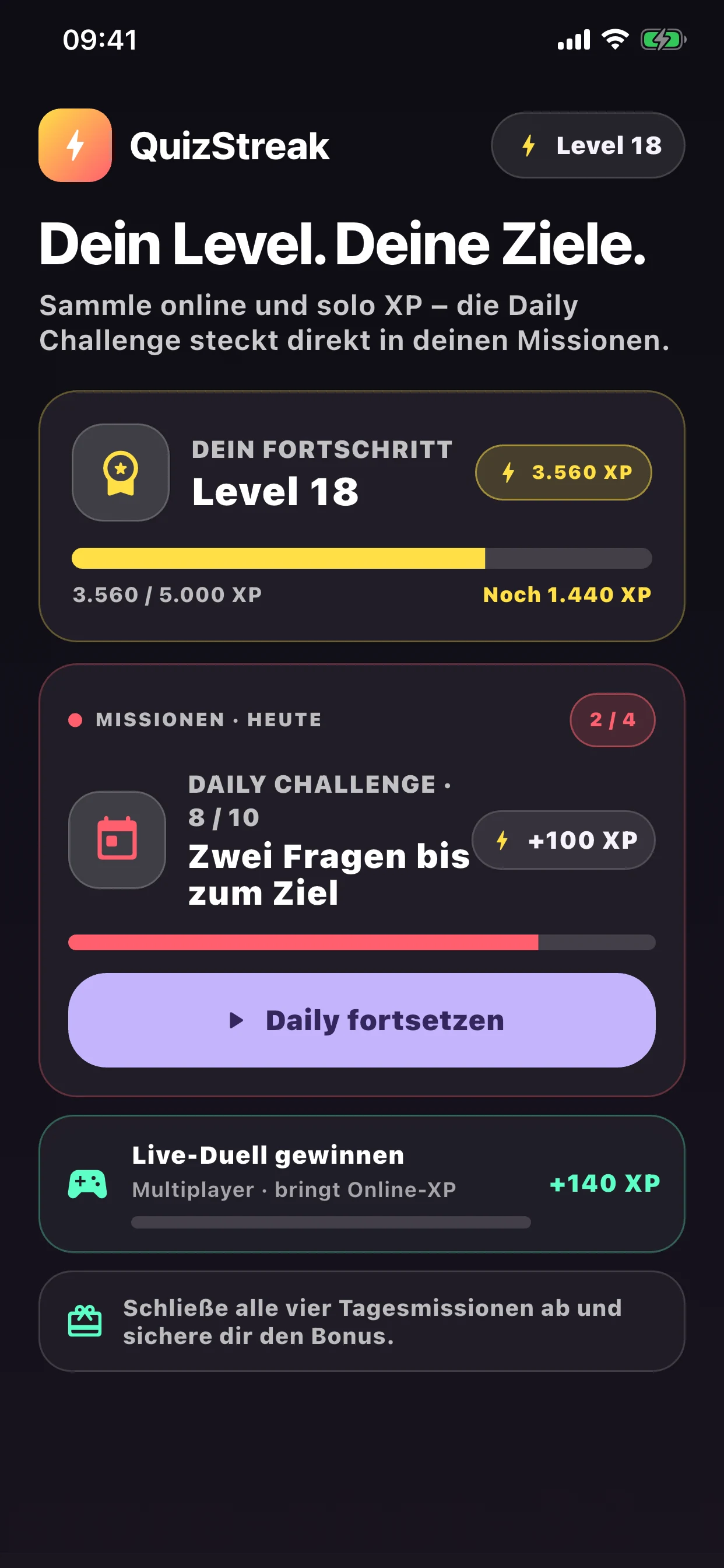 QuizStreak Level und tägliche Missionen