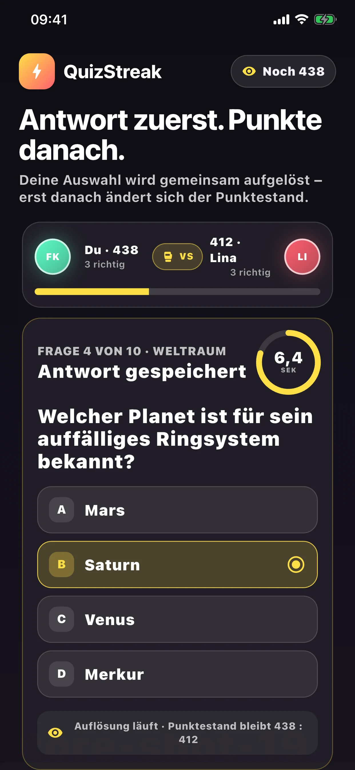 QuizStreak Live-Duell mit gemeinsamer Antwortauflösung