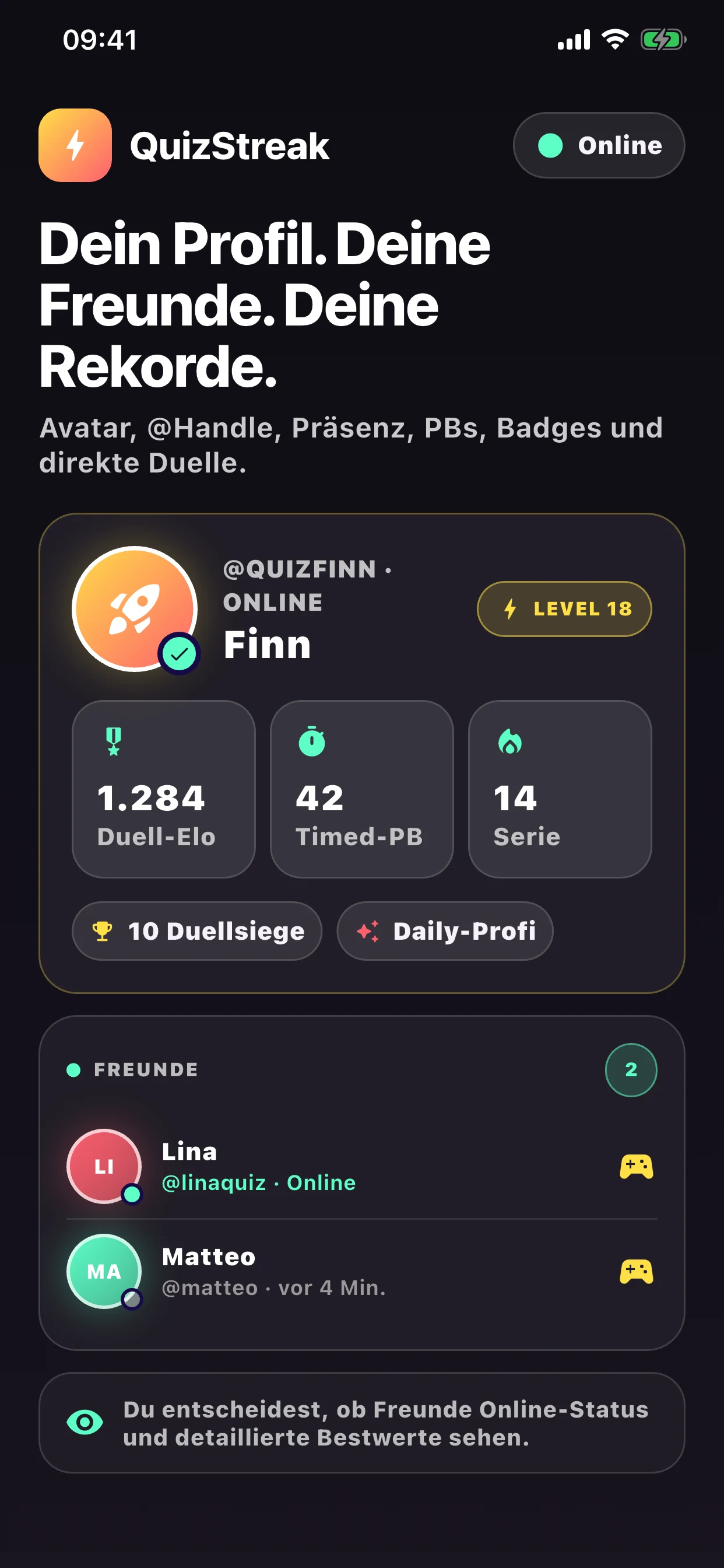 QuizStreak Profil mit Avatar, Elo und Freunden