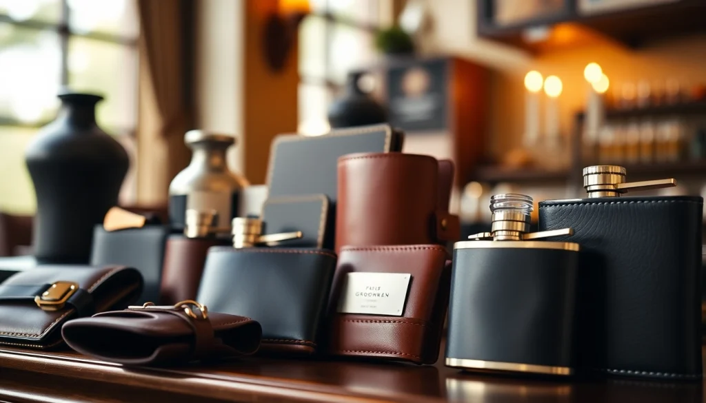 Showcasing unique cheap groomsmen gifts such as personalized flasks and wallets on a warm display.