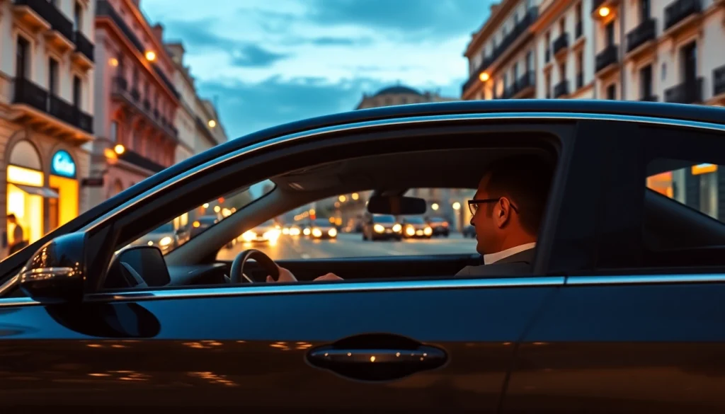 Luxury hire chauffeur Madrid expertly navigating through the streets of Madrid in a premium vehicle.