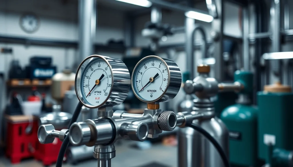 View of a nitrogen regulator with clearly marked pressure gauges for accurate control and monitoring of nitrogen flow.