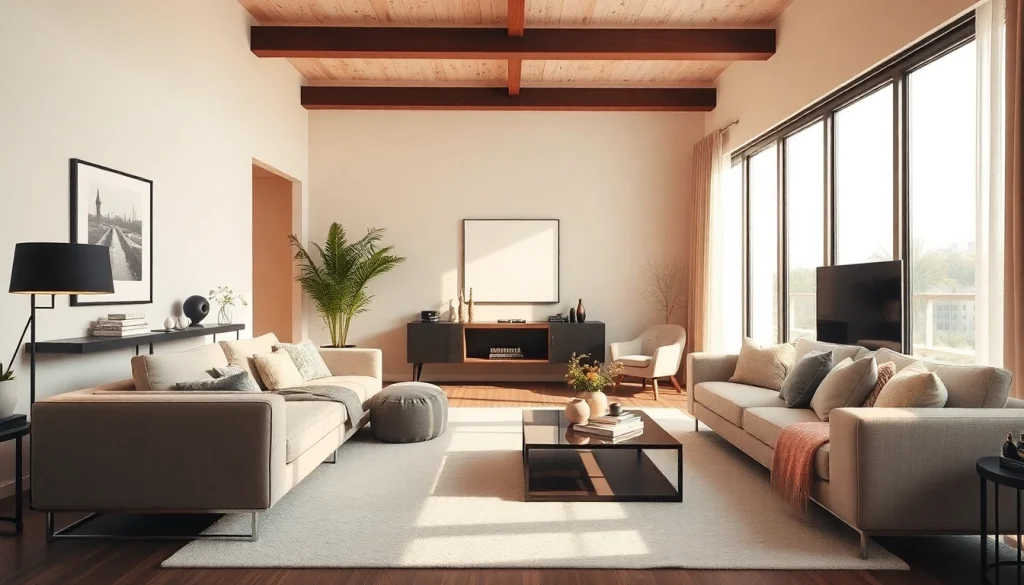 This image depicts an entire interior of a stylish living room designed with modern decor and natural lighting.