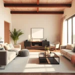 This image depicts an entire interior of a stylish living room designed with modern decor and natural lighting.