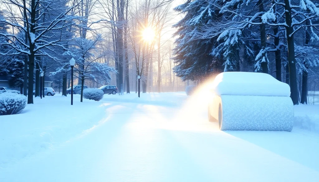 Efficient snow removal process on a driveway during winter, showcasing a snow plow in action.