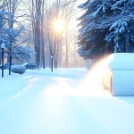 Efficient snow removal process on a driveway during winter, showcasing a snow plow in action.