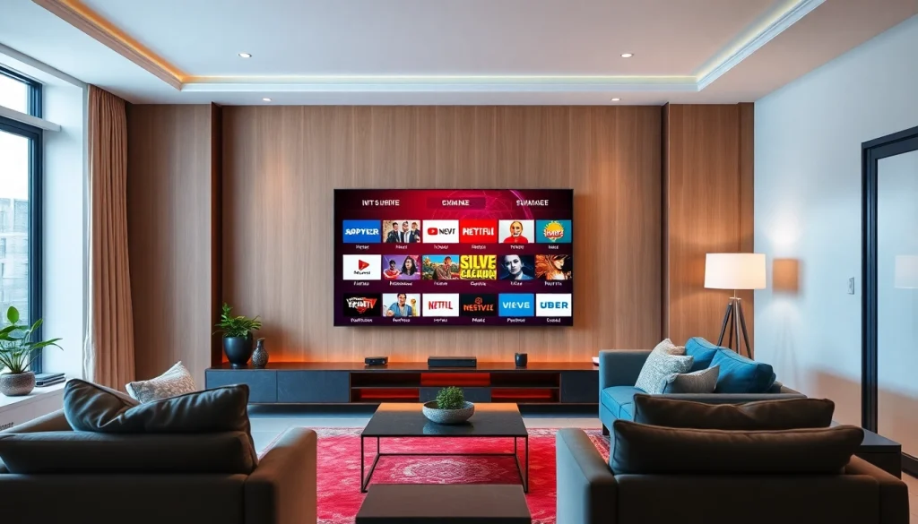 View of a modern living room featuring a TV displaying abonnement iptv channels, enriched with bright colors and cozy decor.