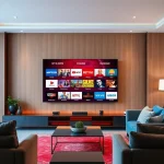 View of a modern living room featuring a TV displaying abonnement iptv channels, enriched with bright colors and cozy decor.