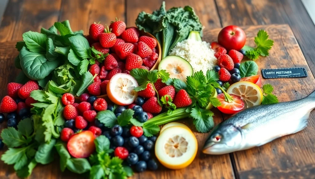 Highlight antiinflammatory foods like berries and greens on a wooden table for healthy eating.