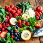 Highlight antiinflammatory foods like berries and greens on a wooden table for healthy eating.