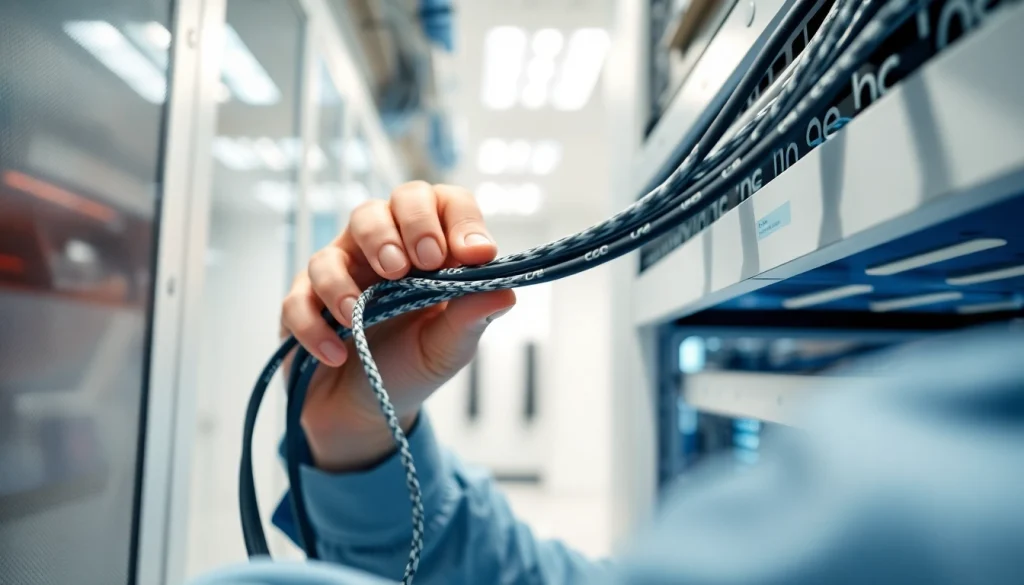 Technician performing a Data Cable Installation service in a sleek office environment.