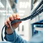 Technician performing a Data Cable Installation service in a sleek office environment.