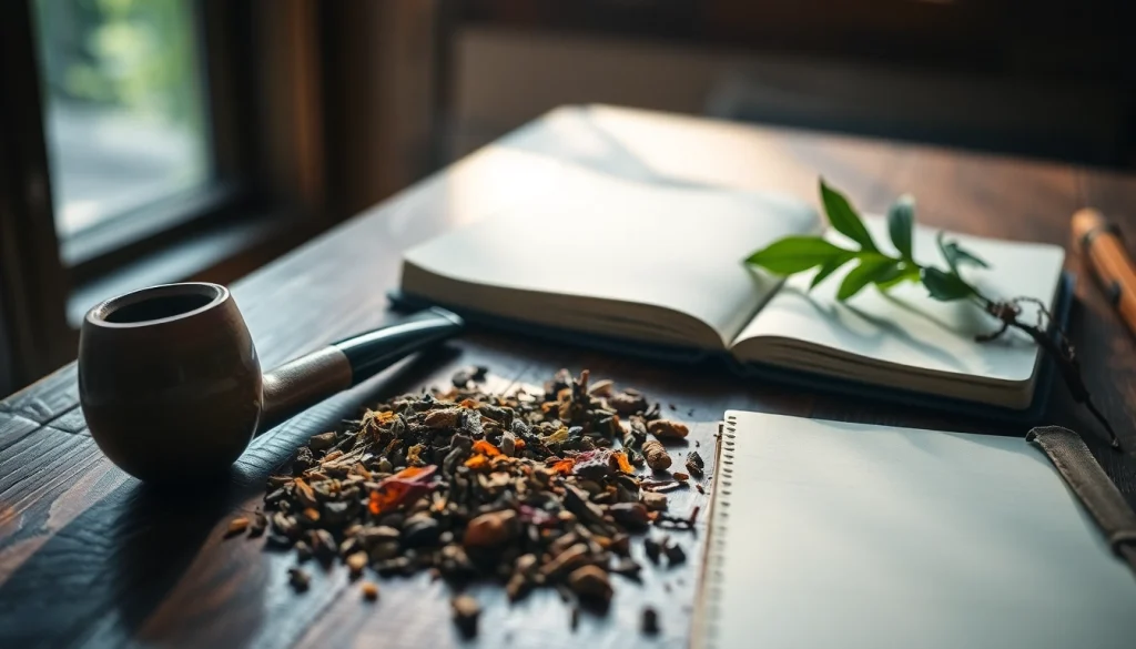 Crafting an alternative smoking blend with natural herbs and tools on a rustic table.