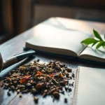 Crafting an alternative smoking blend with natural herbs and tools on a rustic table.