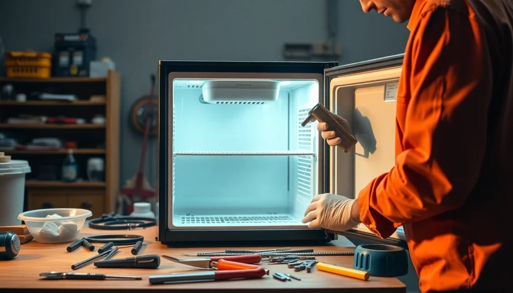 Technician performing beverage cooler repair, showcasing detailed inner components and tools.