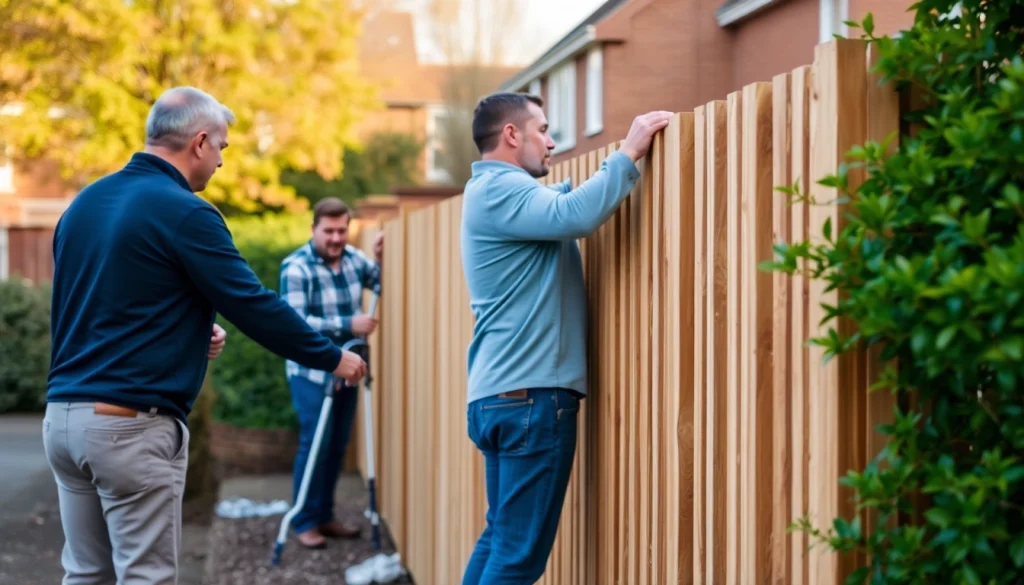 Fencing companies Manchester creating a strong, attractive wooden fence in a residential area.