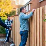 Fencing companies Manchester creating a strong, attractive wooden fence in a residential area.