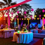 Creating a lively atmosphere for a unique event with colorful decorations and guests enjoying the celebration.