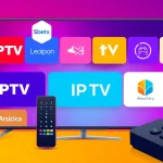 Explore IPTV streaming choices with our free iptv trial, showcasing a remote control and TV logos for an engaging viewing experience.