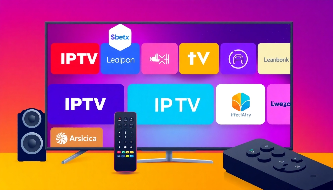 Explore IPTV streaming choices with our free iptv trial, showcasing a remote control and TV logos for an engaging viewing experience.