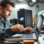 Riparazione computer settimo torinese: un tecnico esperto ripara un laptop con attenzione e competenza.