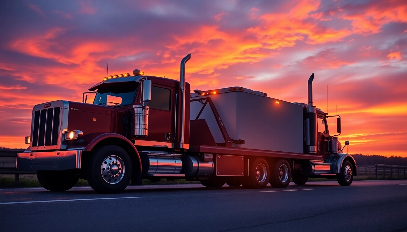 Heavy-duty towing Tampa: A powerful tow truck successfully transporting a semi-truck during a vibrant sunset.