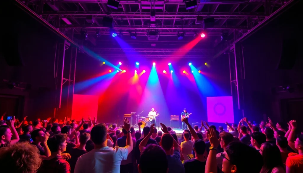 Grow Audience by engaging viewers at a lively stage performance with colorful lighting and dynamic musicians.