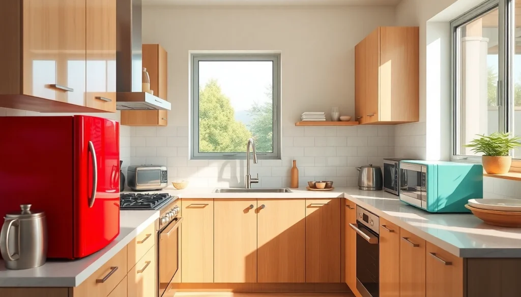 Showcasing affordable kitchen appliances like stylish refrigerators and ovens in a modern kitchen.