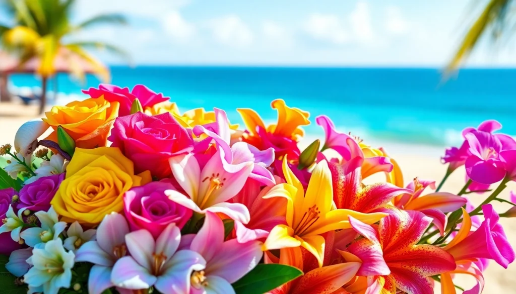 Arrange beautiful Huntington Beach flowers in a vibrant tropical setting, showcasing colors and textures.
