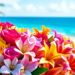 Arrange beautiful Huntington Beach flowers in a vibrant tropical setting, showcasing colors and textures.
