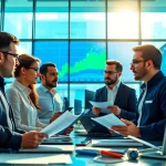 Traders collaborate on trade futures strategies in a busy financial office setting.