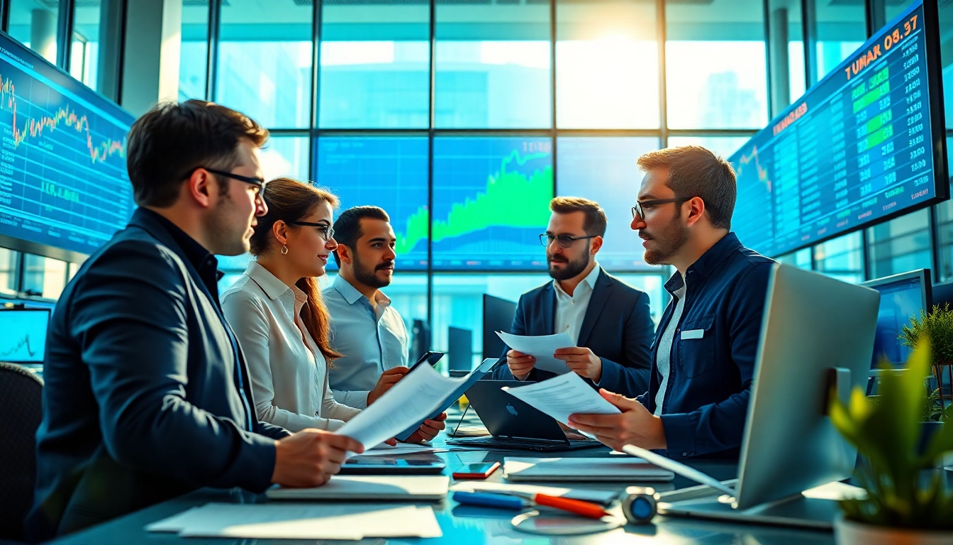 Traders collaborate on trade futures strategies in a busy financial office setting.