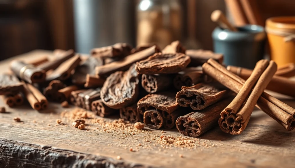 Cinnamon Bark pieces showcased on a rustic wooden table highlighting their rich texture.