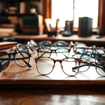 Showcasing vintage frames beautifully arranged on a wooden table, illuminating unique designs.