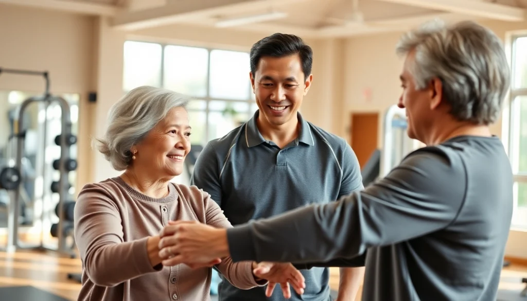 Senior Fitness trainer Jersey City demonstrating exercises with an elder client in a welcoming gym environment.