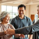 Senior Fitness trainer Jersey City demonstrating exercises with an elder client in a welcoming gym environment.