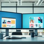 Showcasing AI design tools for businesses in a modern digital workspace with vibrant templates.