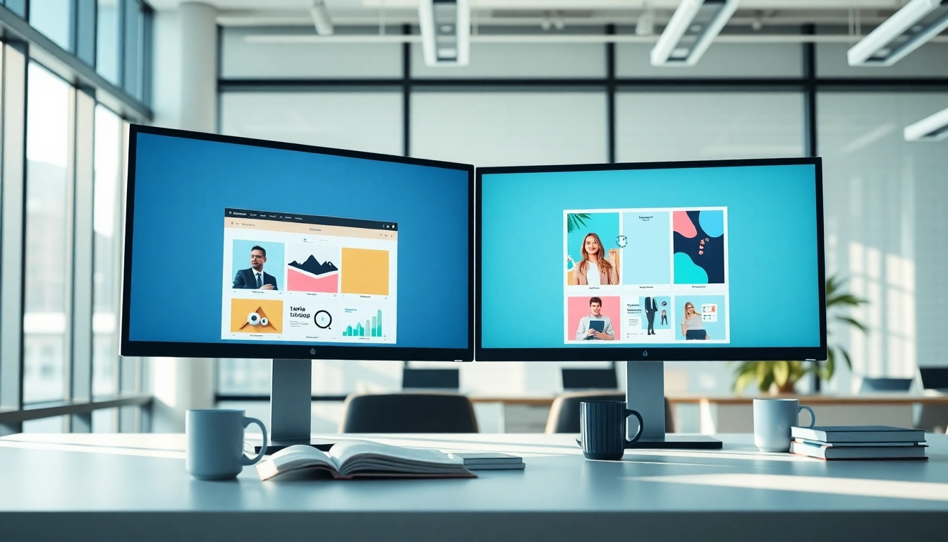 Showcasing AI design tools for businesses in a modern digital workspace with vibrant templates.