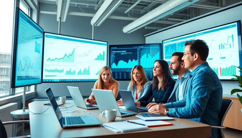 Đội ngũ tiếp thị kỹ thuật số đang phân tích dữ liệu trang web terus trong văn phòng hiện đại.
