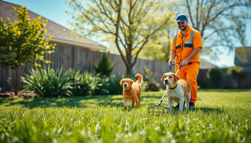 Efficient weekly dog poop scooping service in a cheerful backyard environment.