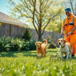 Efficient weekly dog poop scooping service in a cheerful backyard environment.