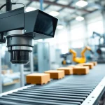 Machine vision system inspecting products in a busy industrial environment with advanced technology.