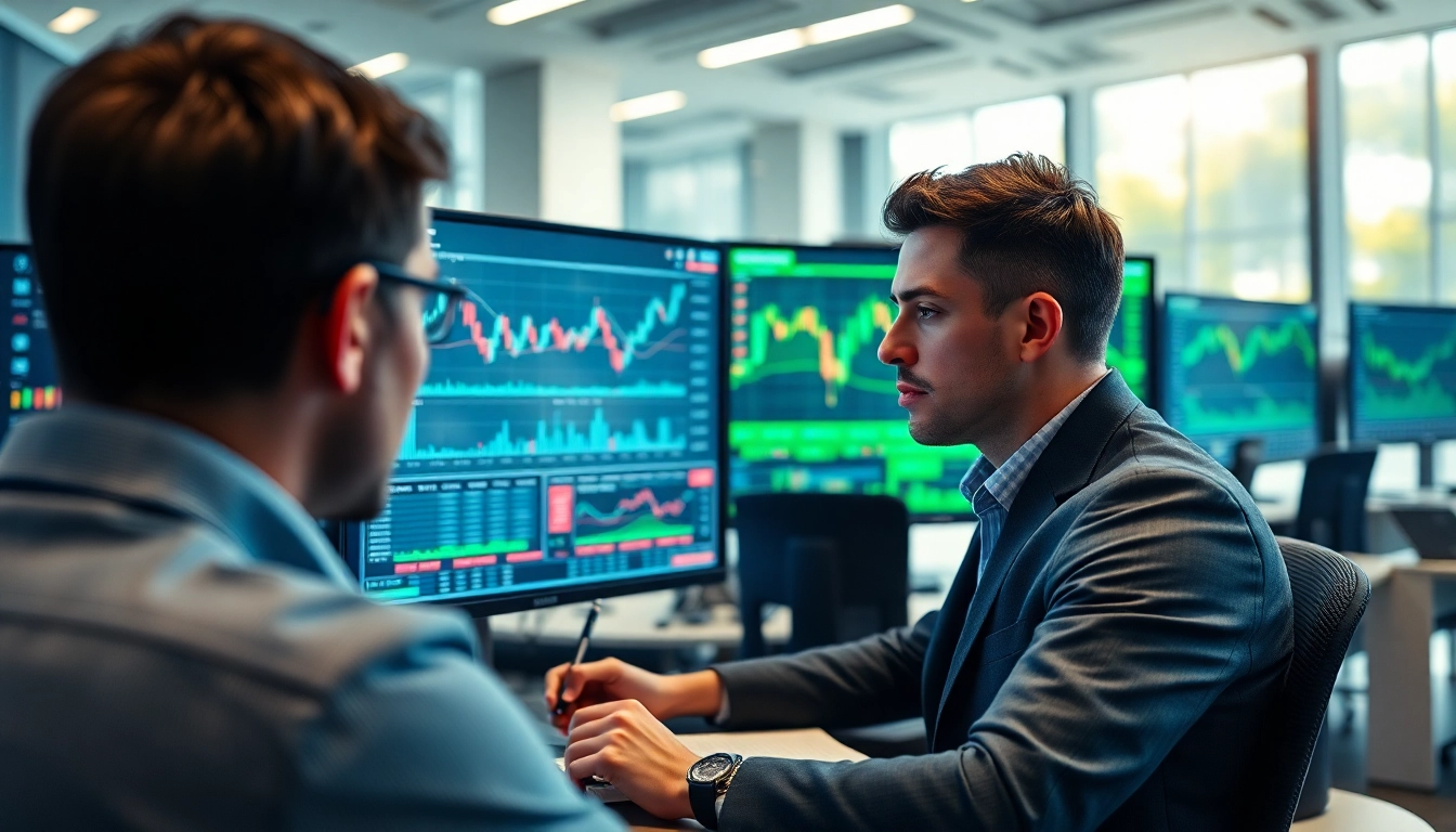Trade futures with a trader analyzing market charts in a modern office environment.