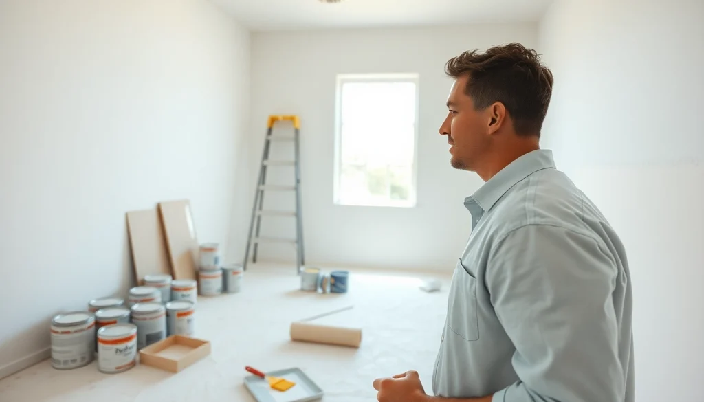 Experience drywall painting in progress with a professional applying a fresh coat, showcasing smooth surfaces.