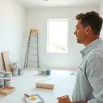 Experience drywall painting in progress with a professional applying a fresh coat, showcasing smooth surfaces.