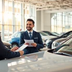 Engaging in a competitive car part exchange at a modern dealership with friendly service.