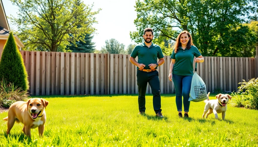 Dog poop pickup service in action with happy staff cleaning a residential yard.