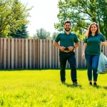 Dog poop pickup service in action with happy staff cleaning a residential yard.